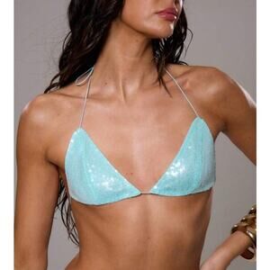 NWT Musera Teal Blue Sequin Embellished String Bikini Top Womens Size Small